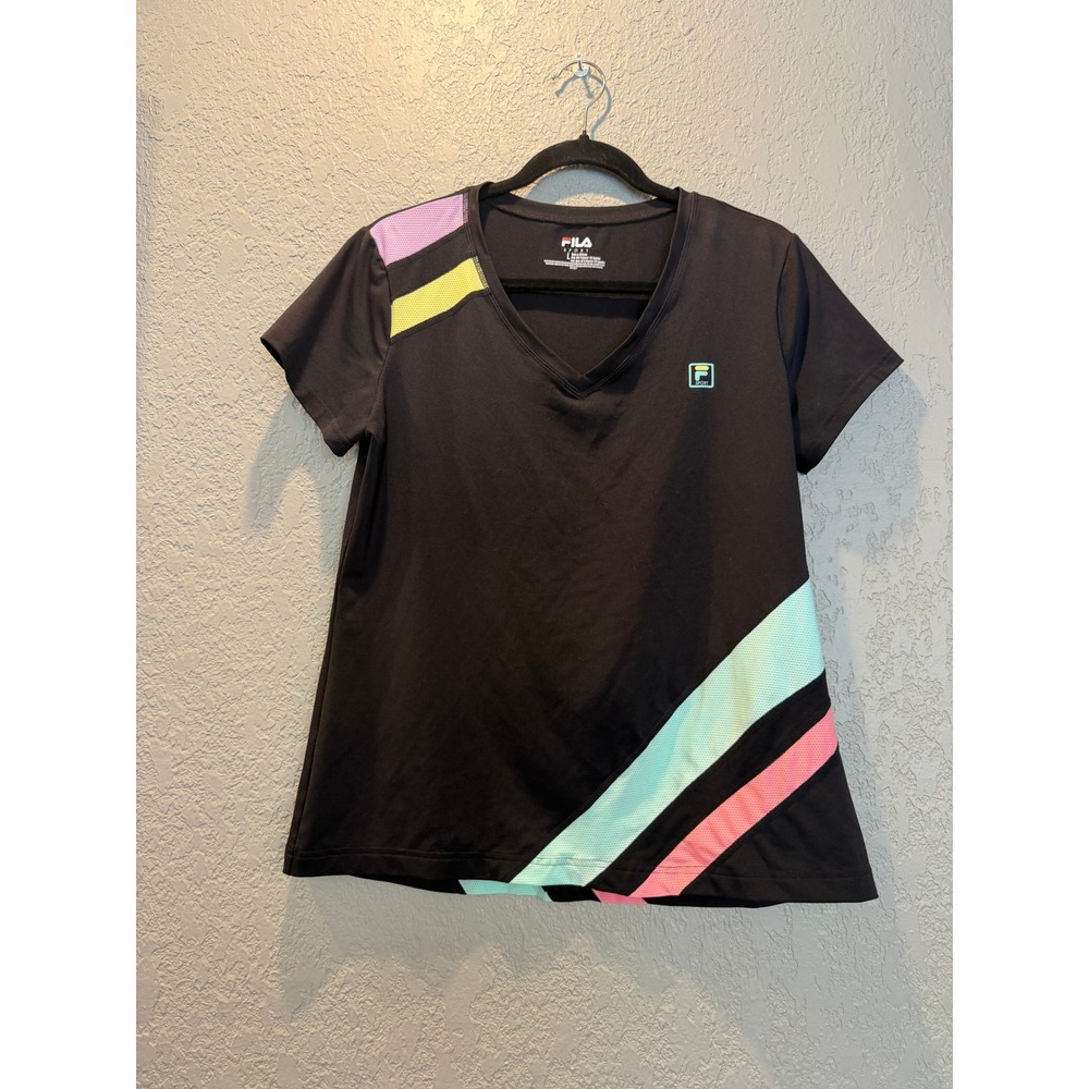 Fila Sport Womens Black Neon Colorblock V-Neck Athletic T-Shirt Large